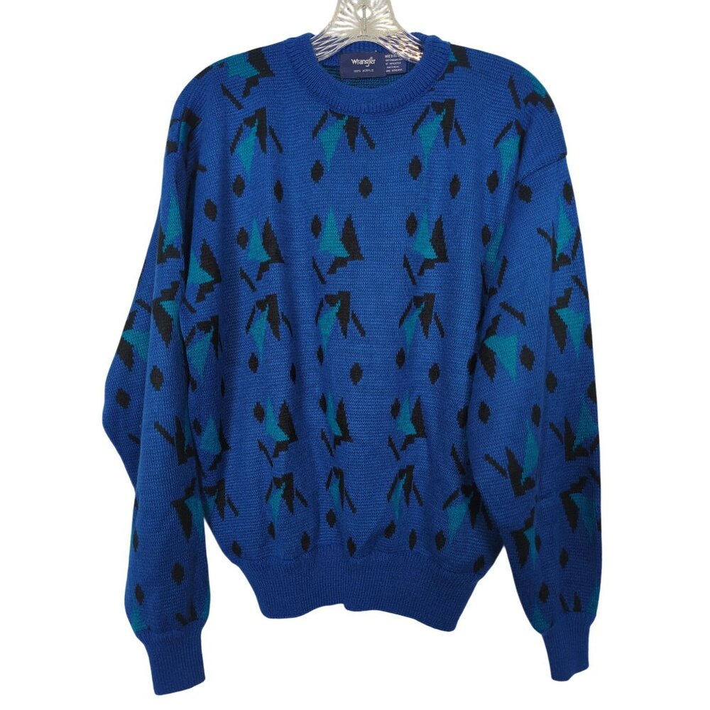 Vintage Wrangler Blue Geometric Patterned Sweater Medium 100%‎ Acrylic
